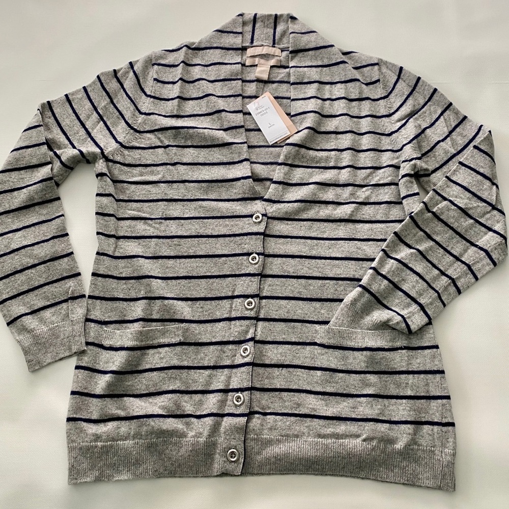 NEW Banana Republic grey w/ navy stripes cardigan.